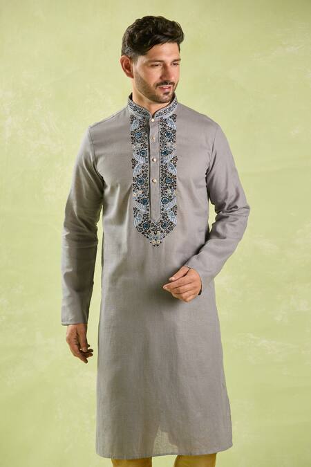 Arihant Rai Sinha_Gray Linen, Cotton Embroidery Floral Bloom Kurta And Churidar _Online_at_Aza_Fashions