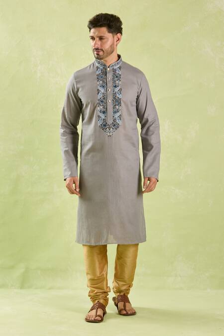 Buy_Arihant Rai Sinha_Gray Linen, Cotton Embroidery Floral Bloom Kurta And Churidar _Online_at_Aza_Fashions