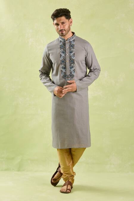 Shop_Arihant Rai Sinha_Gray Linen, Cotton Embroidery Floral Bloom Kurta And Churidar _Online_at_Aza_Fashions
