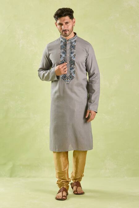 Arihant Rai Sinha_Gray Linen, Cotton Embroidery Floral Bloom Kurta And Churidar _at_Aza_Fashions