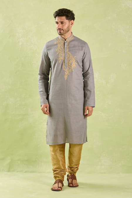 Arihant Rai Sinha_Gray Linen, Cotton Embroidery Floral Vine Zari Kurta Set _Online_at_Aza_Fashions
