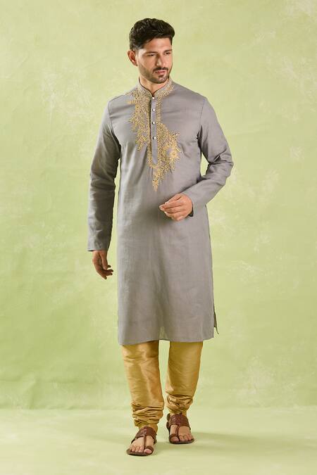 Buy_Arihant Rai Sinha_Gray Linen, Cotton Embroidery Floral Vine Zari Kurta Set _Online_at_Aza_Fashions
