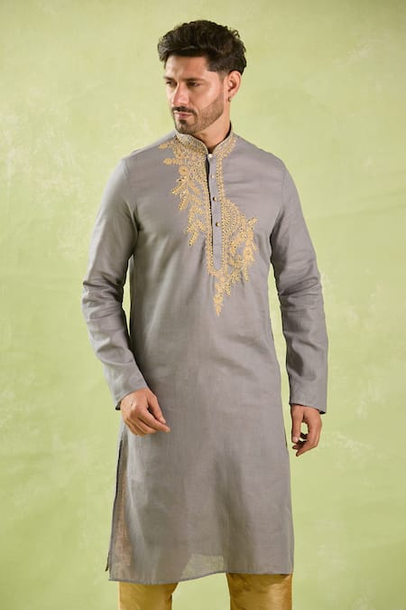 Arihant Rai Sinha_Gray Linen, Cotton Embroidery Floral Vine Zari Kurta Set _at_Aza_Fashions