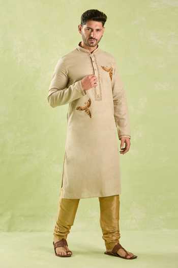 Arihant Rai Sinha_Beige Linen, Cotton Embroidery, Zari Bird Kurta Set _Online_at_Aza_Fashions