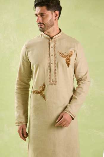 Buy_Arihant Rai Sinha_Beige Linen, Cotton Embroidery, Zari Bird Kurta Set _Online_at_Aza_Fashions