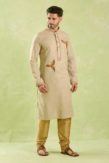 Shop_Arihant Rai Sinha_Beige Linen, Cotton Embroidery, Zari Bird Kurta Set _Online_at_Aza_Fashions