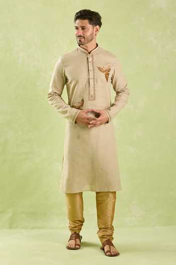 Arihant Rai Sinha_Beige Linen, Cotton Embroidery, Zari Bird Kurta Set _at_Aza_Fashions