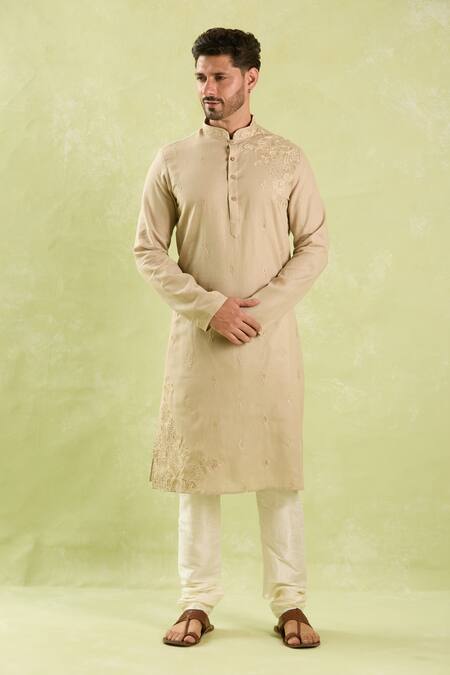 Shop Arihant Rai Sinha Beige Linen, Cotton Embroidery Floral Kurta Set Online at Aza Fashions Shop_Arihant Rai Sinha_Beige Linen, Cotton Embroidery Floral Kurta Set _Online_at_Aza_Fashions