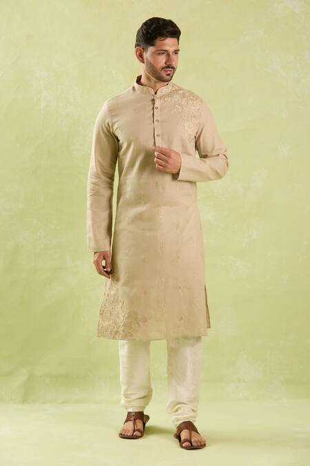 Arihant Rai Sinha Beige Linen, Cotton Embroidery Floral Kurta Set at Aza Fashions Arihant Rai Sinha_Beige Linen, Cotton Embroidery Floral Kurta Set _at_Aza_Fashions