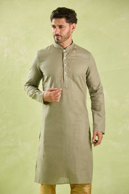 Arihant Rai Sinha_Green Linen, Cotton Embroidery Paisley Kurta Set _Online_at_Aza_Fashions