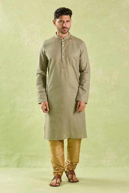 Buy_Arihant Rai Sinha_Green Linen, Cotton Embroidery Paisley Kurta Set _Online_at_Aza_Fashions