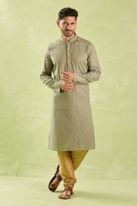Shop_Arihant Rai Sinha_Green Linen, Cotton Embroidery Paisley Kurta Set _Online_at_Aza_Fashions