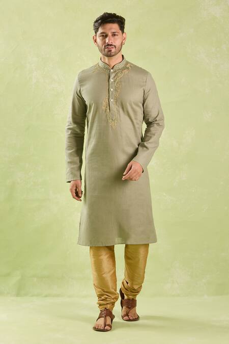 Arihant Rai Sinha_Green Linen, Cotton Embroidery Paisley Kurta Set _at_Aza_Fashions