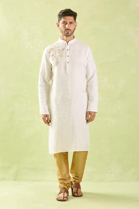 Arihant Rai Sinha_Off White Linen, Cotton Embroidery Floral Applique Kurta Set _Online_at_Aza_Fashions