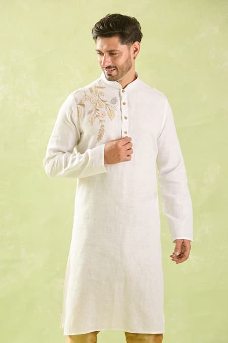 Buy_Arihant Rai Sinha_Off White Linen, Cotton Embroidery Floral Applique Kurta Set _Online_at_Aza_Fashions