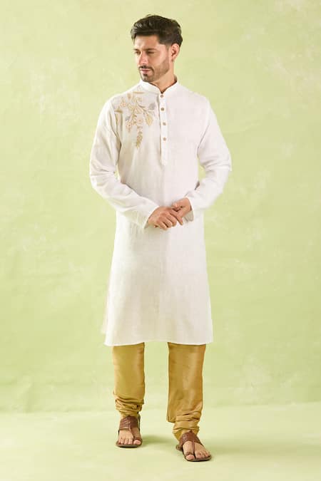 Shop_Arihant Rai Sinha_Off White Linen, Cotton Embroidery Floral Applique Kurta Set _Online_at_Aza_Fashions