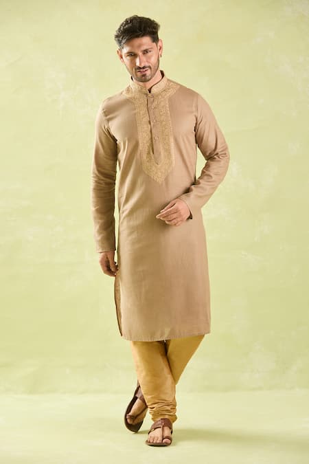 Shop Arihant Rai Sinha Brown Linen, Silk Embroidery Floral Vine Kurta Set Online at Aza Fashions Shop_Arihant Rai Sinha_Brown Linen, Silk Embroidery Floral Vine Kurta Set _Online_at_Aza_Fashions