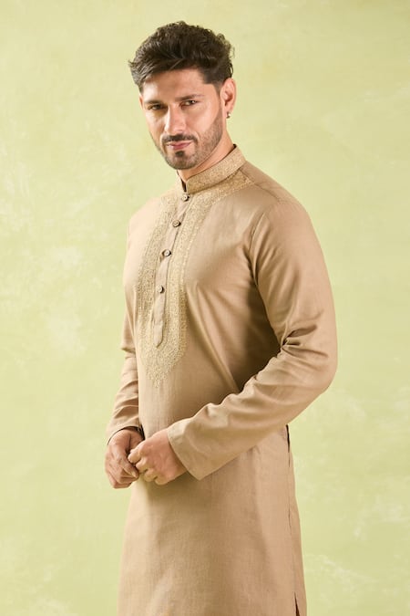 Arihant Rai Sinha Brown Linen, Silk Embroidery Floral Vine Kurta Set at Aza Fashions Arihant Rai Sinha_Brown Linen, Silk Embroidery Floral Vine Kurta Set _at_Aza_Fashions