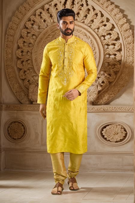 Samyukta Singhania Yellow Art Silk Embroidery Abstract Floral Kurta And Churidar 
