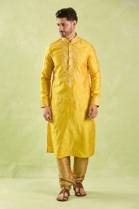 Buy_Arihant Rai Sinha_Yellow Silk Embroidery Abstract Floral Kurta And Churidar _Online_at_Aza_Fashions