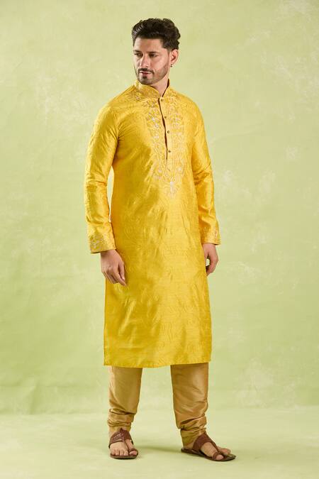 Shop_Arihant Rai Sinha_Yellow Silk Embroidery Abstract Floral Kurta And Churidar _Online_at_Aza_Fashions