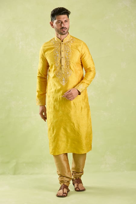 Arihant Rai Sinha_Yellow Silk Embroidery Abstract Floral Kurta And Churidar _at_Aza_Fashions