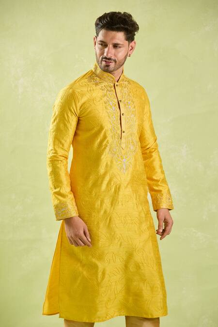 Buy_Arihant Rai Sinha_Yellow Silk Embroidery Abstract Floral Kurta And Churidar 