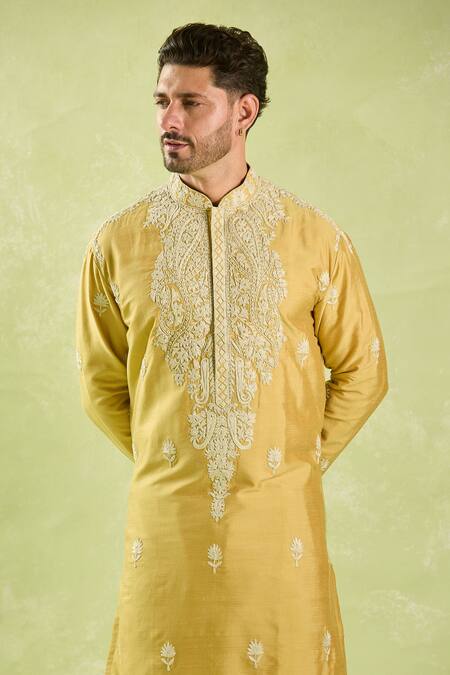 Shop_Arihant Rai Sinha_Gold Silk, Polyester Embroidery Floral Kurta Set _Online_at_Aza_Fashions
