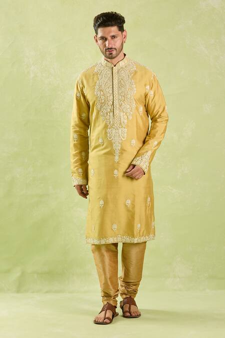 Arihant Rai Sinha_Gold Silk, Polyester Embroidery Floral Kurta Set _at_Aza_Fashions