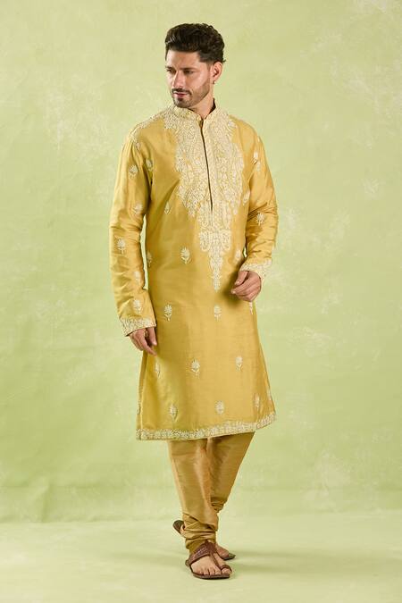 Buy_Arihant Rai Sinha_Gold Silk, Polyester Embroidery Floral Kurta Set 