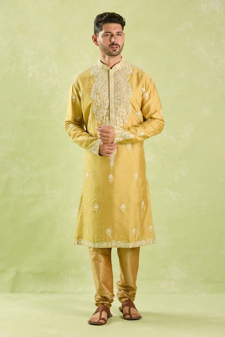 Shop_Arihant Rai Sinha_Gold Silk, Polyester Embroidery Floral Kurta Set 