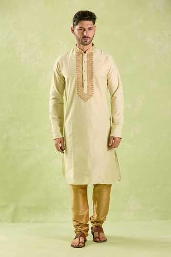 Shop_Arihant Rai Sinha_Cream Polyester, Silk Embroidery Flower Dori Kurta Set _Online_at_Aza_Fashions