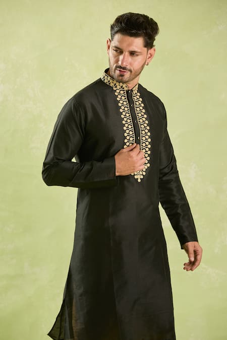 Arihant Rai Sinha_Black Polyester, Chanderi Embroidery Wavy Floral Kurta Set _Online_at_Aza_Fashions