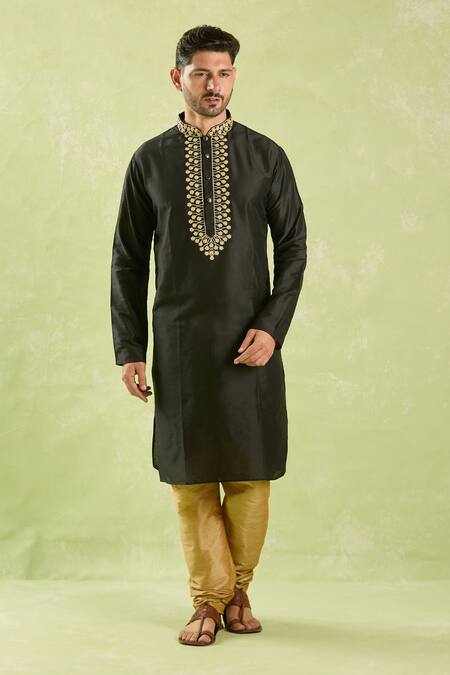Buy_Arihant Rai Sinha_Black Polyester, Chanderi Embroidery Wavy Floral Kurta Set _Online_at_Aza_Fashions