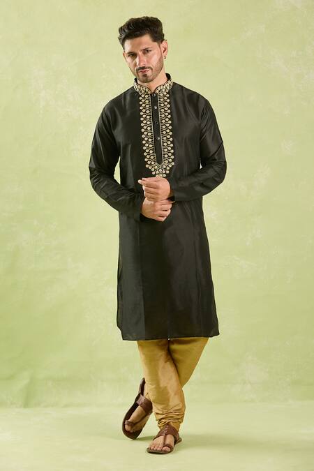 Shop_Arihant Rai Sinha_Black Polyester, Chanderi Embroidery Wavy Floral Kurta Set _Online_at_Aza_Fashions