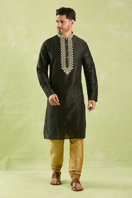 Arihant Rai Sinha_Black Polyester, Chanderi Embroidery Wavy Floral Kurta Set _at_Aza_Fashions