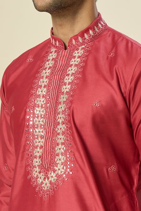 Arihant Rai Sinha_Pink , Satin, Chanderi Embroidery, Mirrors Floral Kurta Set _Online_at_Aza_Fashions