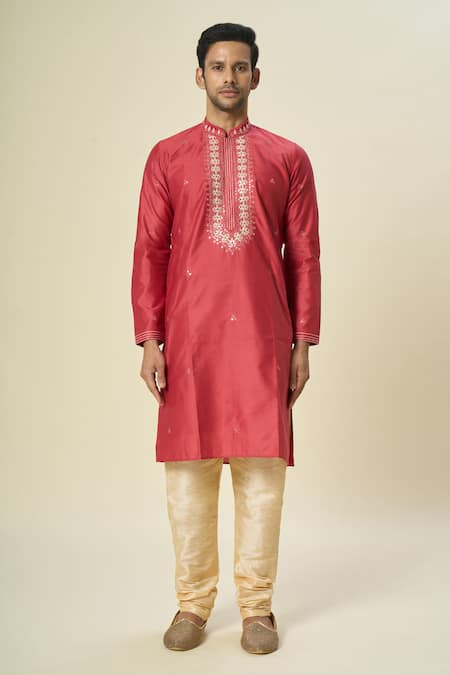 Buy_Arihant Rai Sinha_Pink , Satin, Chanderi Embroidery, Mirrors Floral Kurta Set _Online_at_Aza_Fashions