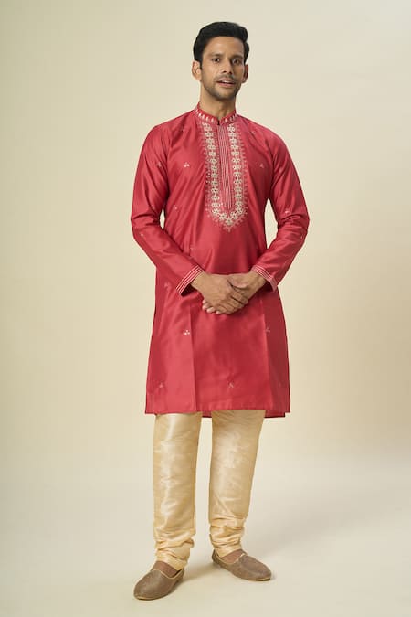 Shop_Arihant Rai Sinha_Pink , Satin, Chanderi Embroidery, Mirrors Floral Kurta Set _Online_at_Aza_Fashions