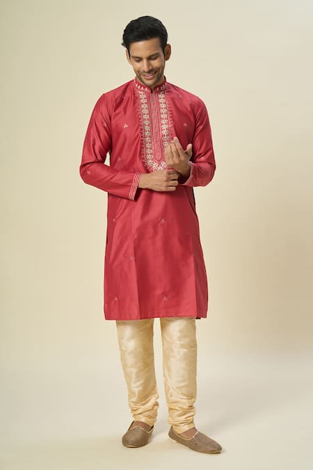 Arihant Rai Sinha_Pink , Satin, Chanderi Embroidery, Mirrors Floral Kurta Set _at_Aza_Fashions