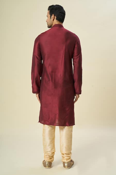 Shop Arihant Rai Sinha Wine Polyester, Chanderi Embroidery Placket Kurta Set at Aza Fashions Shop_Arihant Rai Sinha_Wine Polyester, Chanderi Embroidery Placket Kurta Set _at_Aza_Fashions