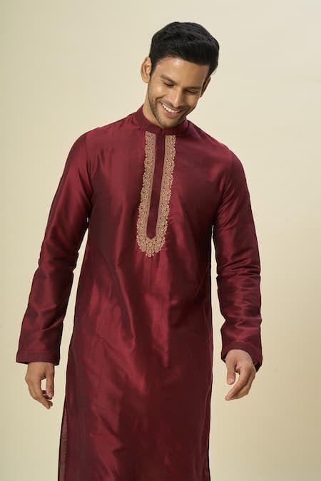 Arihant Rai Sinha Wine Polyester, Chanderi Embroidery Placket Kurta Set Online at Aza Fashions Arihant Rai Sinha_Wine Polyester, Chanderi Embroidery Placket Kurta Set _Online_at_Aza_Fashions