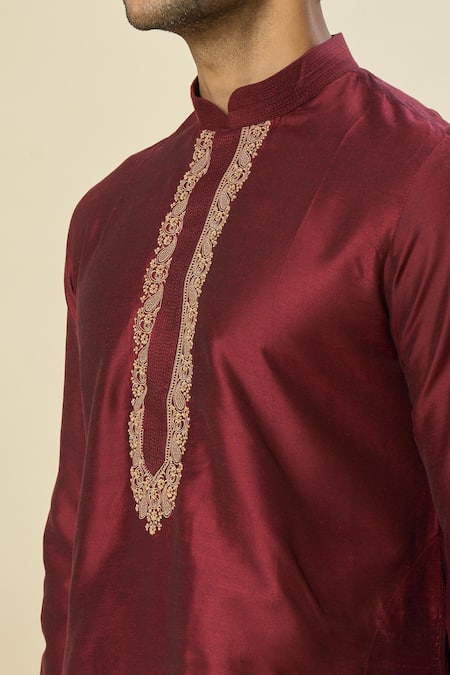 Buy Arihant Rai Sinha Wine Polyester, Chanderi Embroidery Placket Kurta Set Online at Aza Fashions Buy_Arihant Rai Sinha_Wine Polyester, Chanderi Embroidery Placket Kurta Set _Online_at_Aza_Fashions