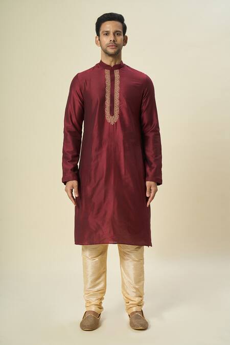 Shop Arihant Rai Sinha Wine Polyester, Chanderi Embroidery Placket Kurta Set Online at Aza Fashions Shop_Arihant Rai Sinha_Wine Polyester, Chanderi Embroidery Placket Kurta Set _Online_at_Aza_Fashions