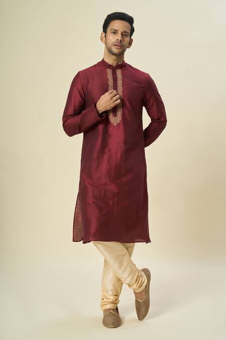Arihant Rai Sinha Wine Polyester, Chanderi Embroidery Placket Kurta Set at Aza Fashions Arihant Rai Sinha_Wine Polyester, Chanderi Embroidery Placket Kurta Set _at_Aza_Fashions
