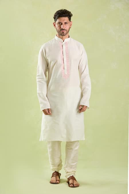 Arihant Rai Sinha_Cream Polyester, Chanderi Embroidery Floral Placket Kurta Set _Online_at_Aza_Fashions