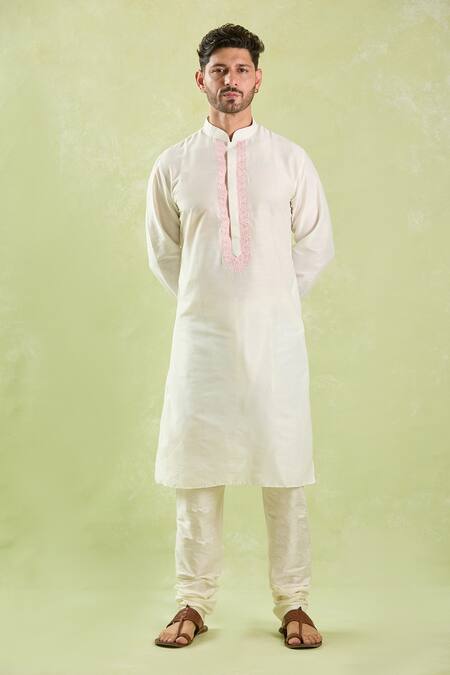 Buy_Arihant Rai Sinha_Cream Polyester, Chanderi Embroidery Floral Placket Kurta Set _Online_at_Aza_Fashions