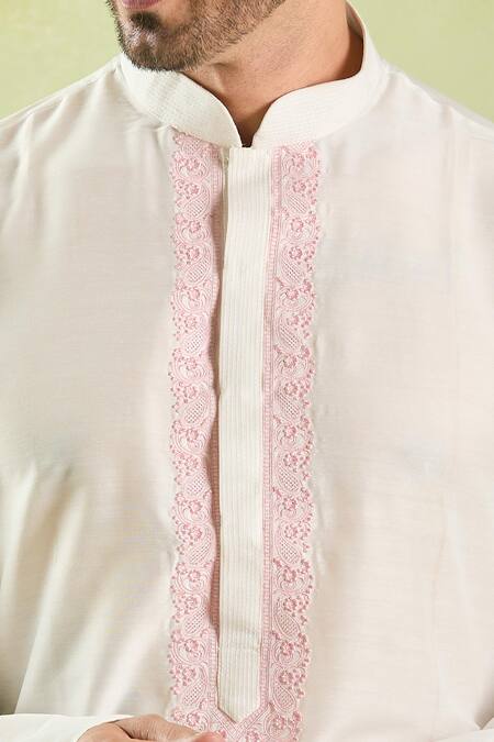 Shop_Arihant Rai Sinha_Cream Polyester, Chanderi Embroidery Floral Placket Kurta Set _Online_at_Aza_Fashions