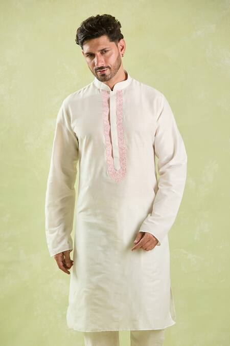 Arihant Rai Sinha_Cream Polyester, Chanderi Embroidery Floral Placket Kurta Set _at_Aza_Fashions