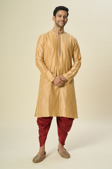 Buy_Arihant Rai Sinha_Gold Polyester, Silk Embroidery Pintuck Kurta Set With Patiala Pant _Online_at_Aza_Fashions